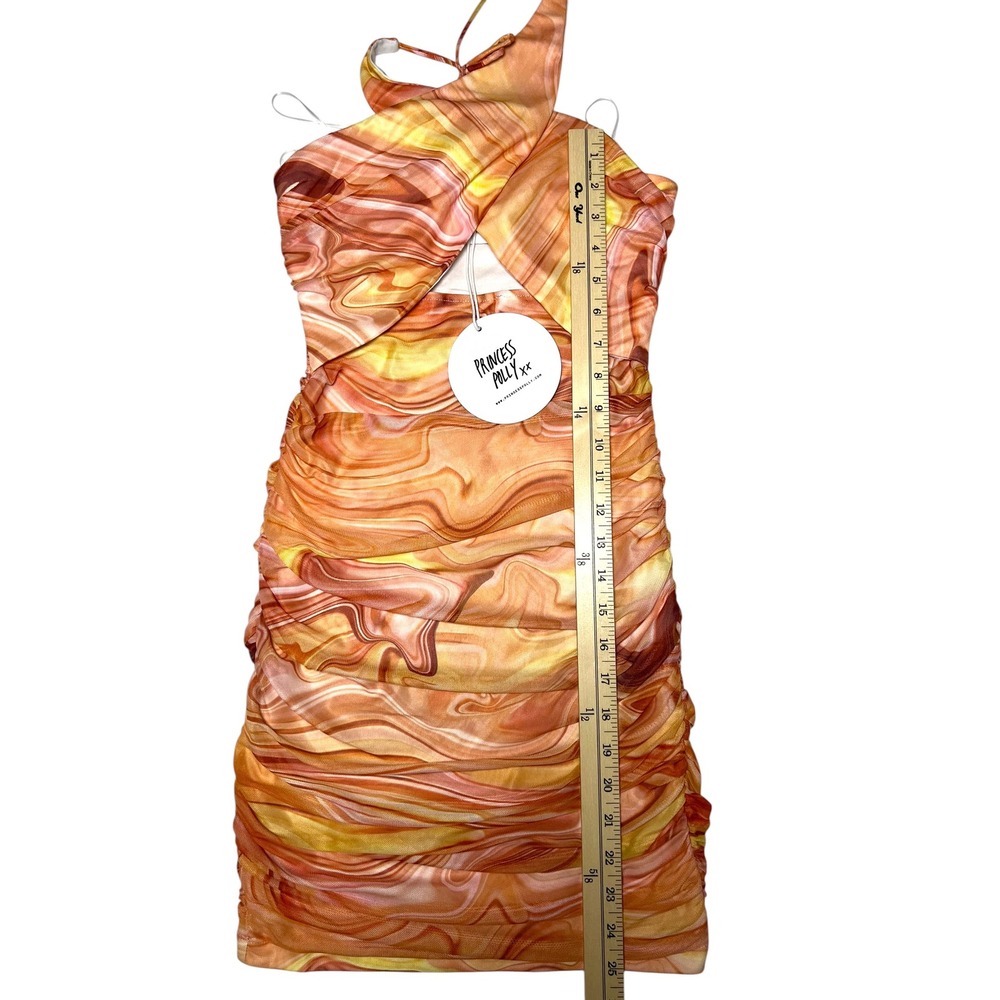 Princess Polly NWT Marble‎ Mesh Ruched Halter Mini Dress Cutout Orange Womens 2 - Picture 3 of 7